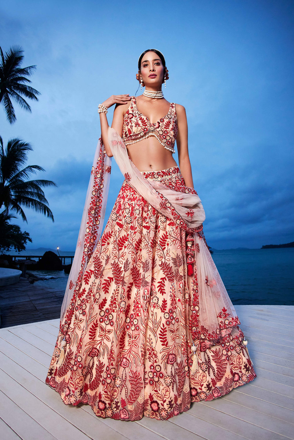 House of Panchhi Peach Net Sequins, Mirror And Thread Embroidery Lehenga Choli & Dupatta | Grocsy
