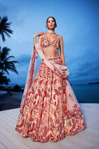 House of Panchhi Peach Net Sequins, Mirror And Thread Embroidery Lehenga Choli & Dupatta | Grocsy