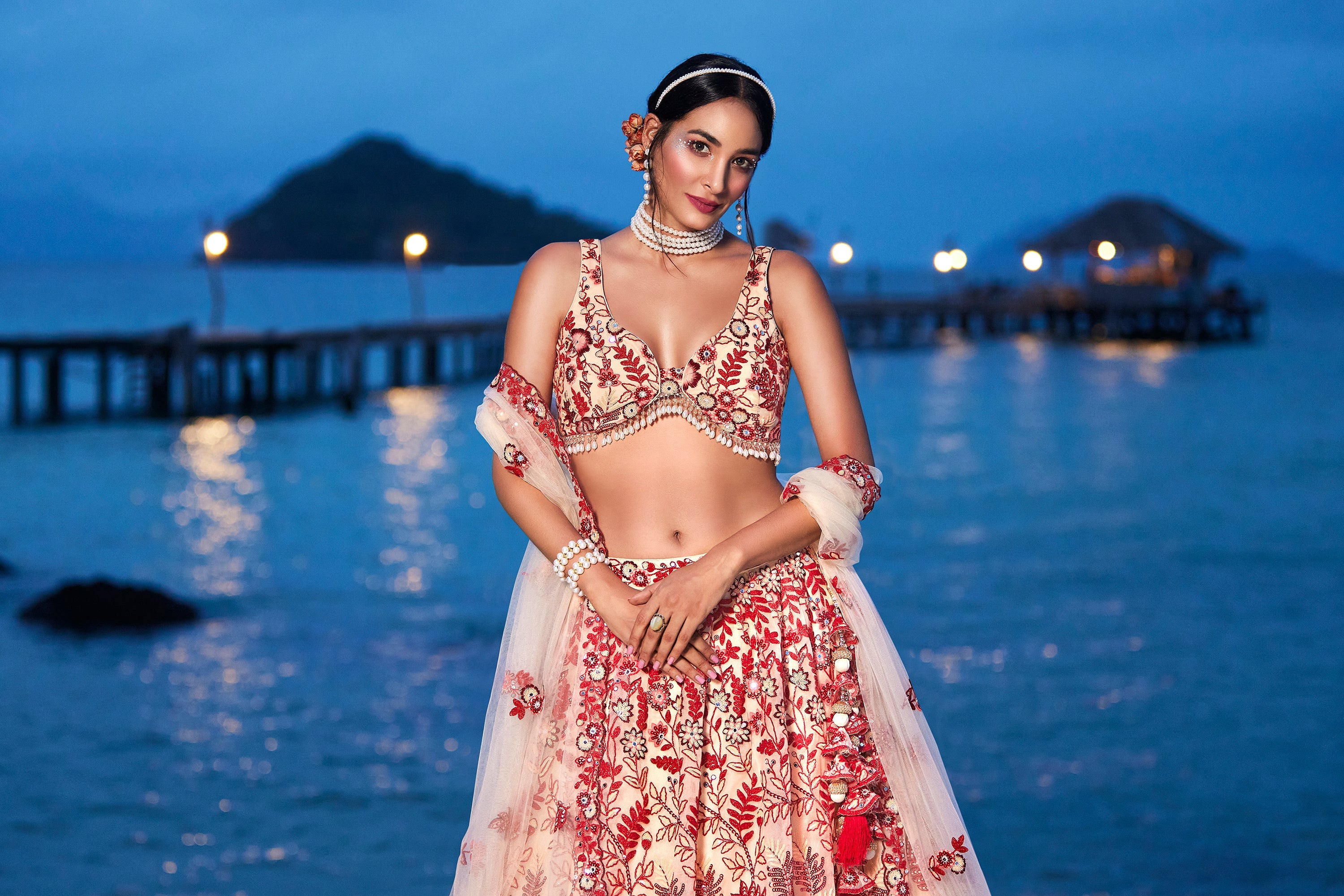House of Panchhi Peach Net Sequins, Mirror And Thread Embroidery Lehenga Choli & Dupatta | Grocsy