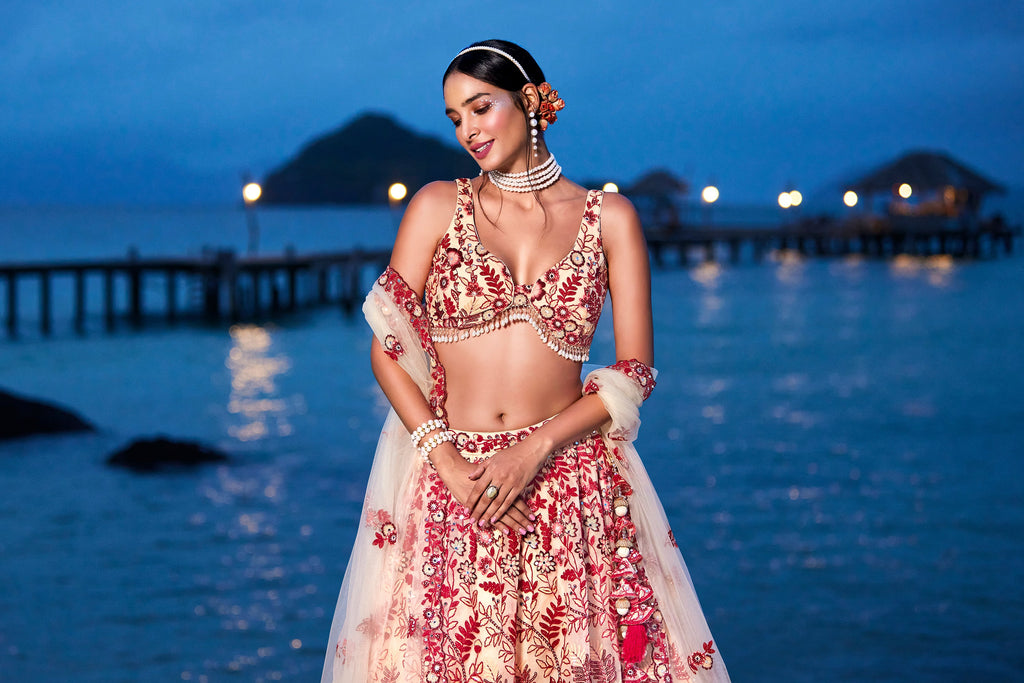 House of Panchhi Peach Net Sequins, Mirror And Thread Embroidery Lehenga Choli & Dupatta | Grocsy