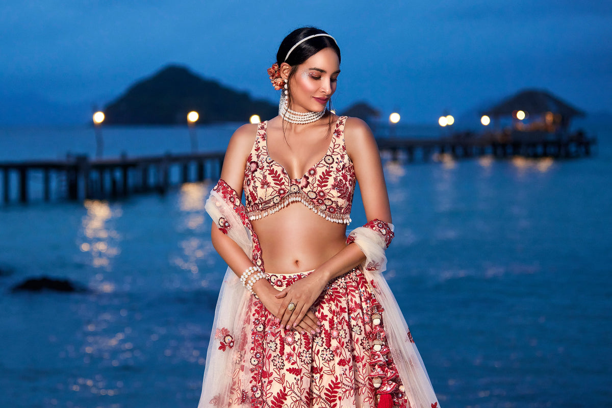 House of Panchhi Peach Net Sequins, Mirror And Thread Embroidery Lehenga Choli & Dupatta | Grocsy