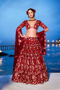 House of Panchhi Red Net Sequins, Mirror And Thread Embroidery Lehenga Choli & Dupatta | Grocsy