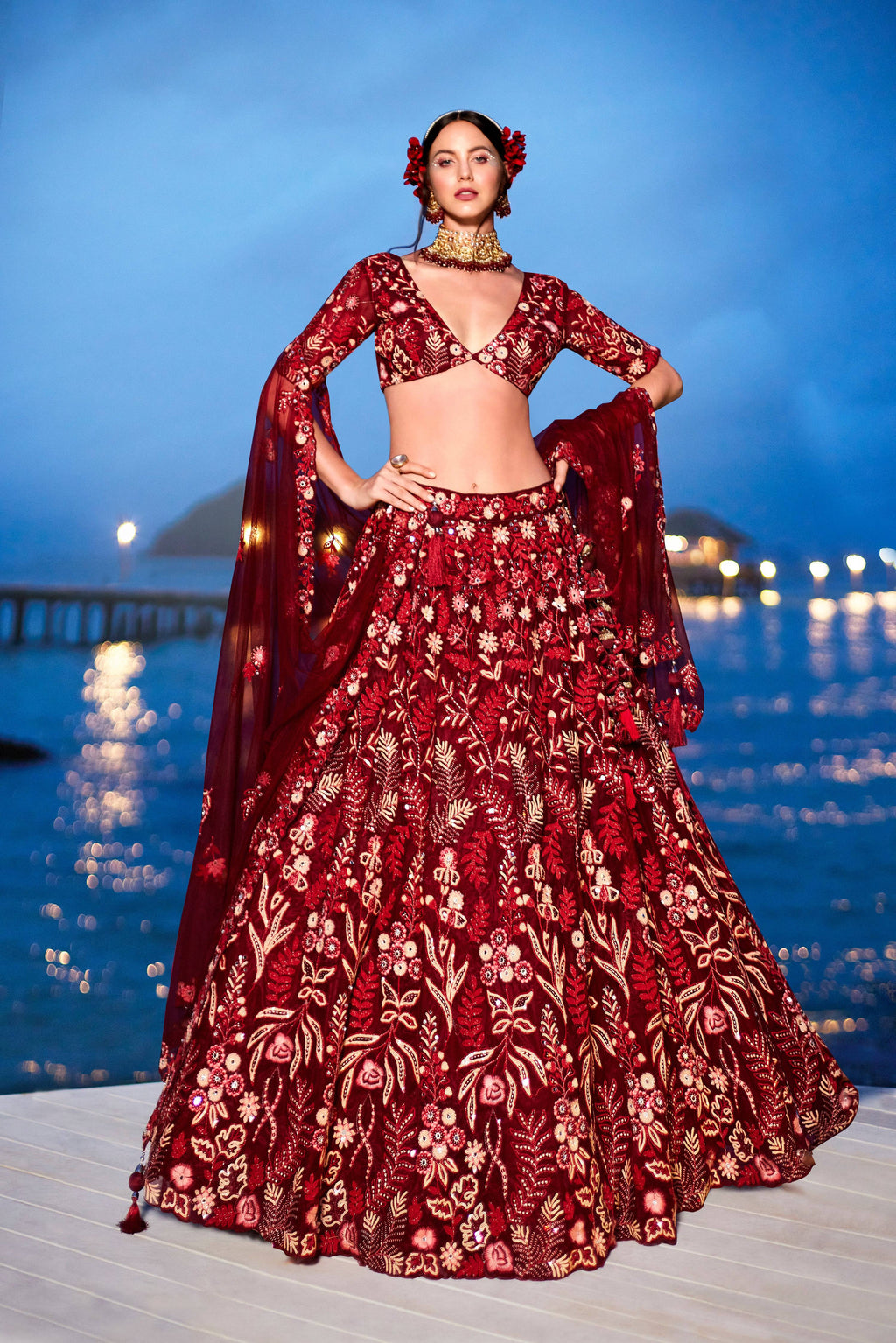 House of Panchhi Red Net Sequins, Mirror And Thread Embroidery Lehenga Choli & Dupatta | Grocsy