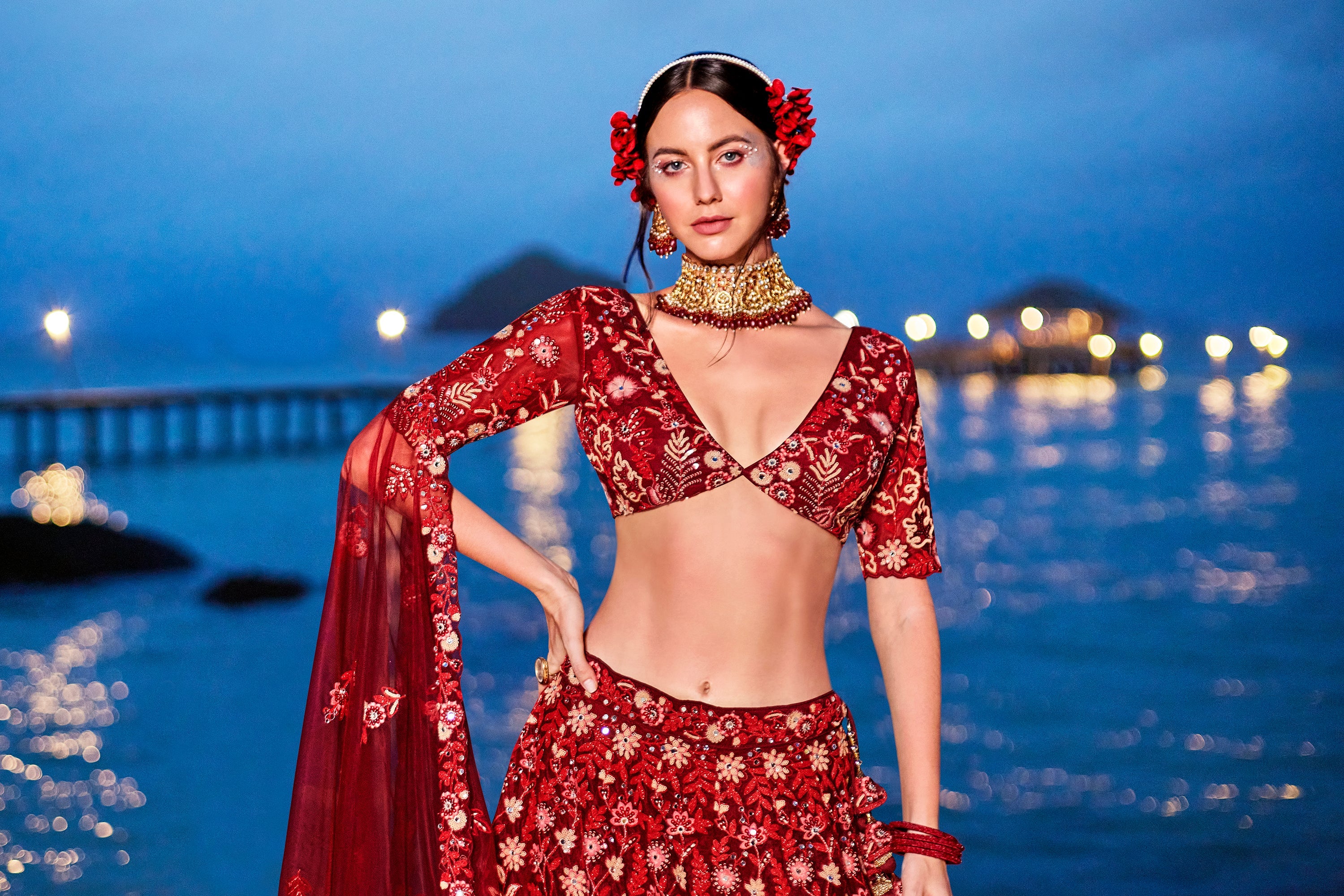 House of Panchhi Red Net Sequins, Mirror And Thread Embroidery Lehenga Choli & Dupatta | Grocsy