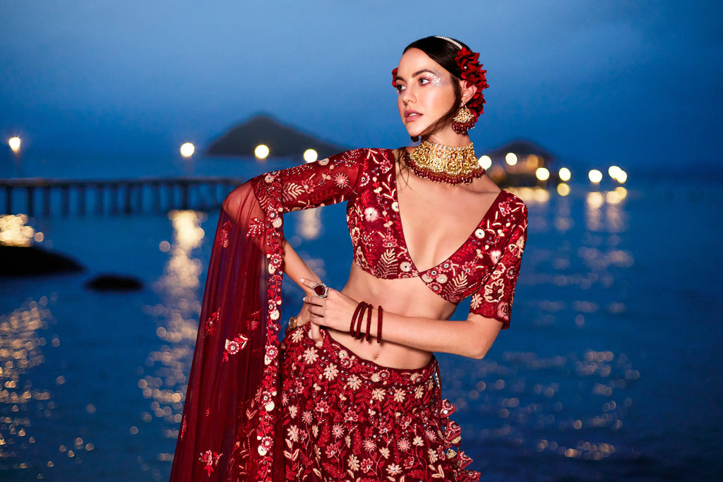 House of Panchhi Red Net Sequins, Mirror And Thread Embroidery Lehenga Choli & Dupatta | Grocsy