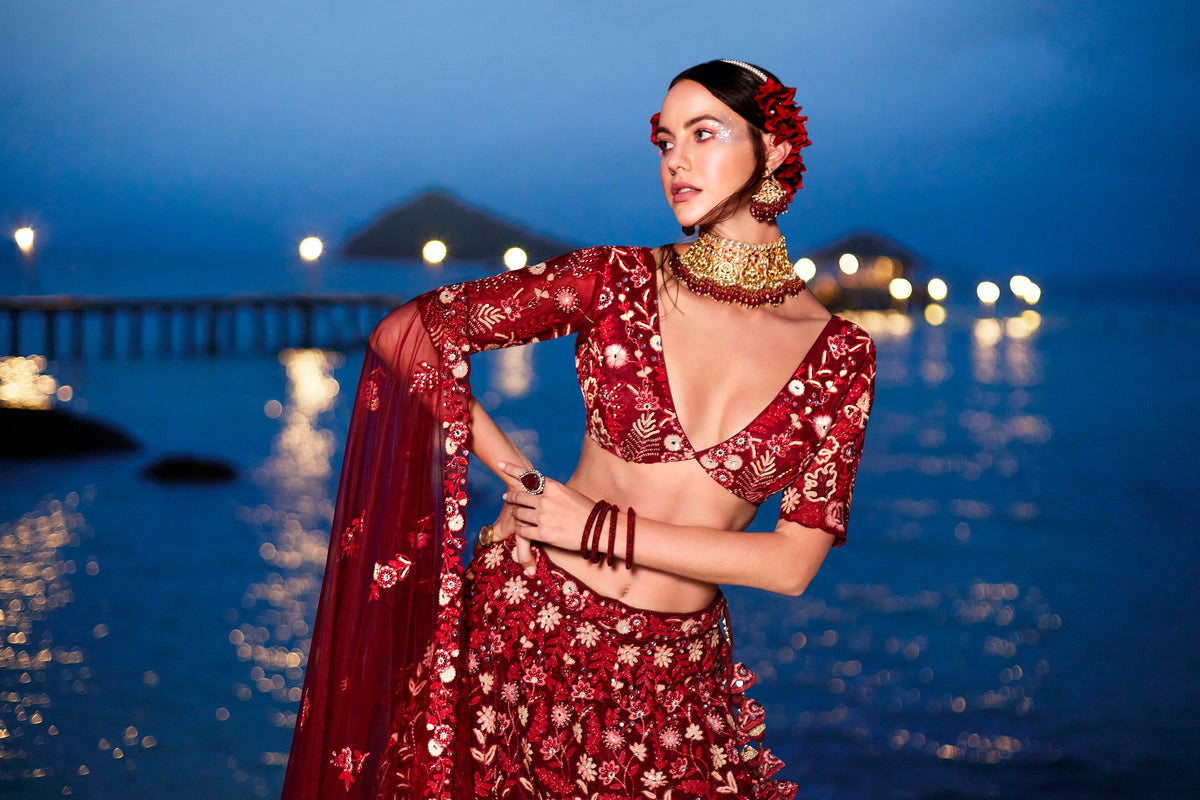 House of Panchhi Red Net Sequins, Mirror And Thread Embroidery Lehenga Choli & Dupatta | Grocsy