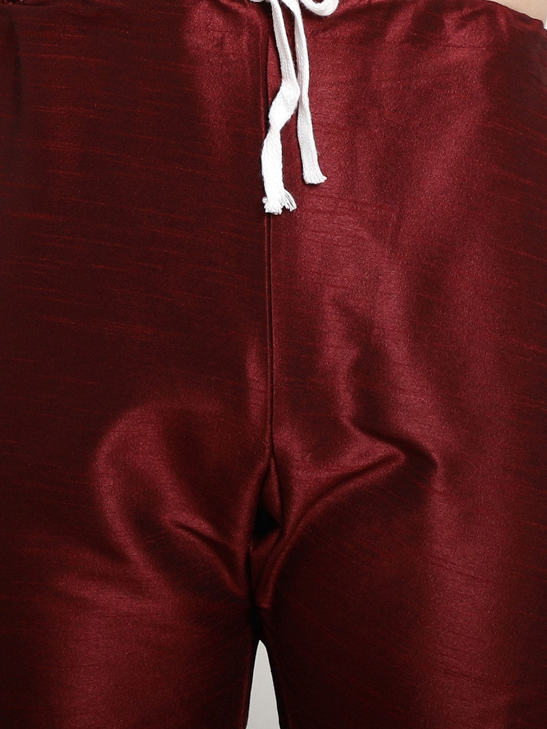 Sojanya Men Maroon & Beige Self Design Kurta with Churidar & Nehru Jacket | Grocsy