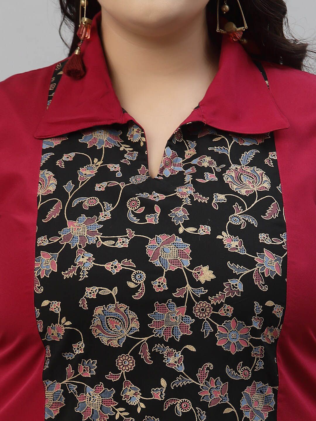 Sztori Plus Size Floral Printed Shirt Collar Straight Crepe Kurta with Palazzos | Grocsy