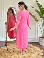 The52 Pink Thread Work Viscose Fabric Straight Kurta, Pant and Dupatta Set | Grocsy