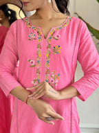 The52 Pink Thread Work Viscose Fabric Straight Kurta, Pant and Dupatta Set | Grocsy