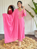 The52 Pink Thread Work Viscose Fabric Straight Kurta, Pant and Dupatta Set | Grocsy