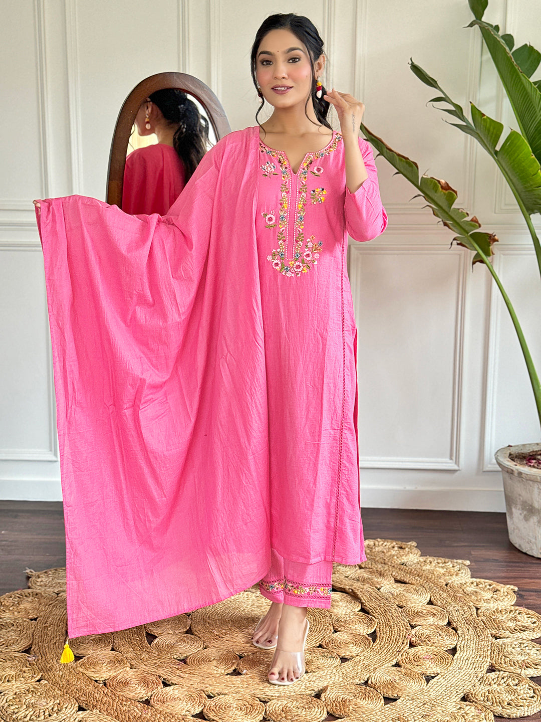 The52 Pink Thread Work Viscose Fabric Straight Kurta, Pant and Dupatta Set | Grocsy