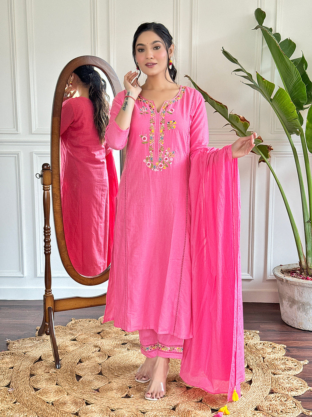 The52 Pink Thread Work Viscose Fabric Straight Kurta, Pant and Dupatta Set | Grocsy