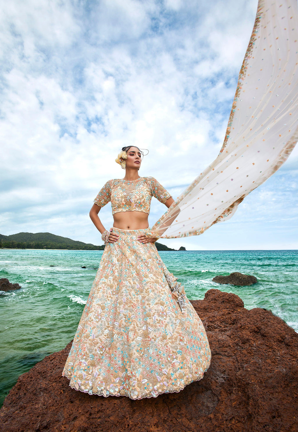 House of Panchhi Cream Net Multi Colour Sequins, Zarkans And Thread Embroidery Lehenga Choli & Dupatta | Grocsy