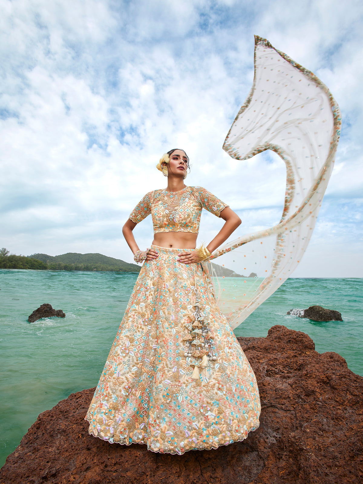 House of Panchhi Cream Net Multi Colour Sequins, Zarkans And Thread Embroidery Lehenga Choli & Dupatta | Grocsy