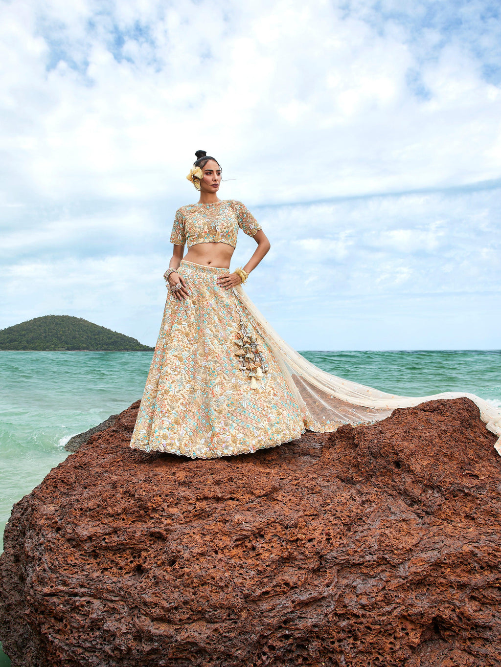 House of Panchhi Cream Net Multi Colour Sequins, Zarkans And Thread Embroidery Lehenga Choli & Dupatta | Grocsy