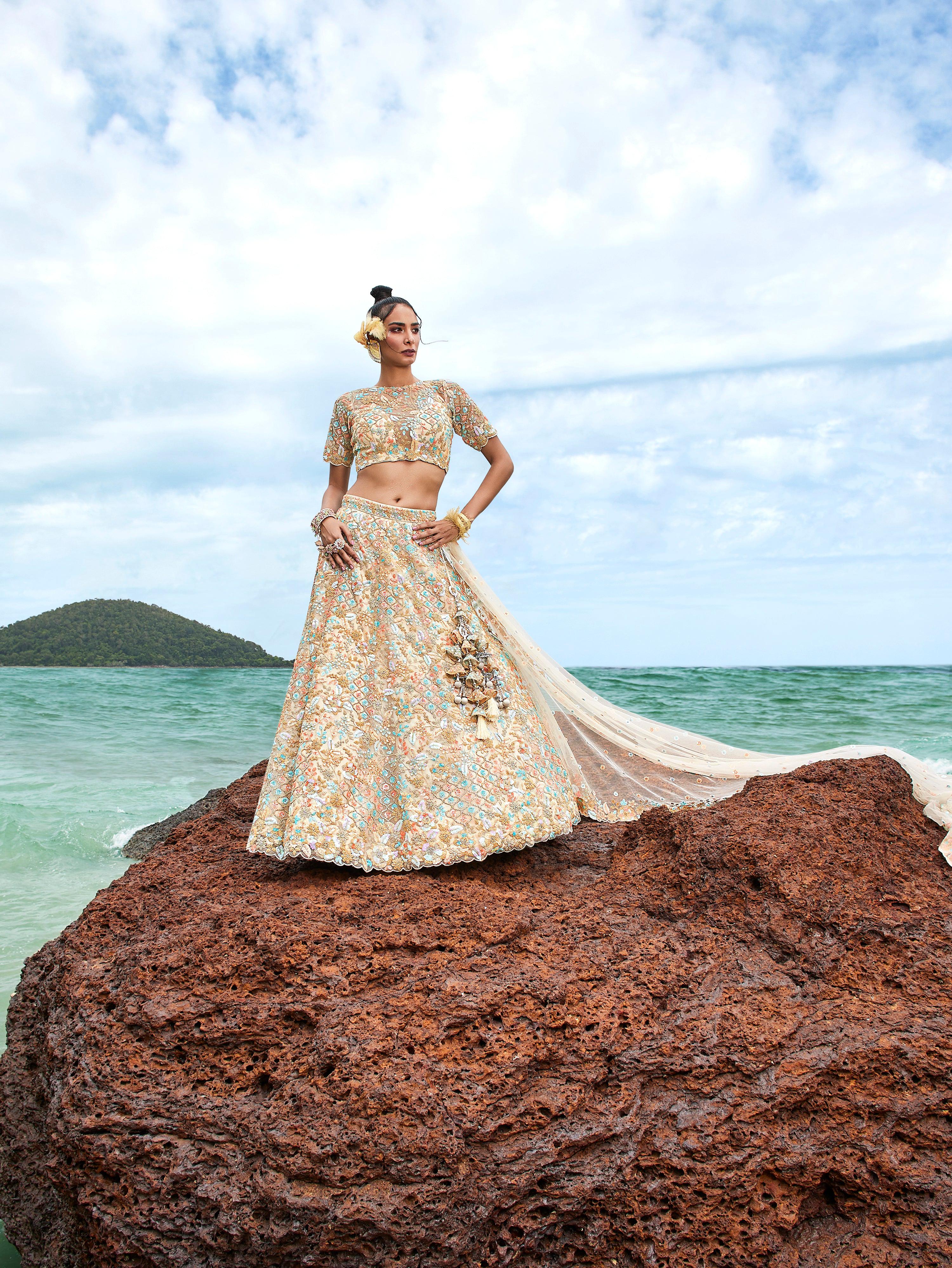 House of Panchhi Cream Net Multi Colour Sequins, Zarkans And Thread Embroidery Lehenga Choli & Dupatta | Grocsy