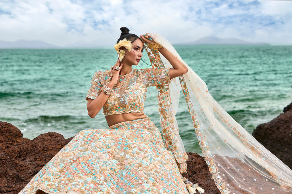 House of Panchhi Cream Net Multi Colour Sequins, Zarkans And Thread Embroidery Lehenga Choli & Dupatta | Grocsy
