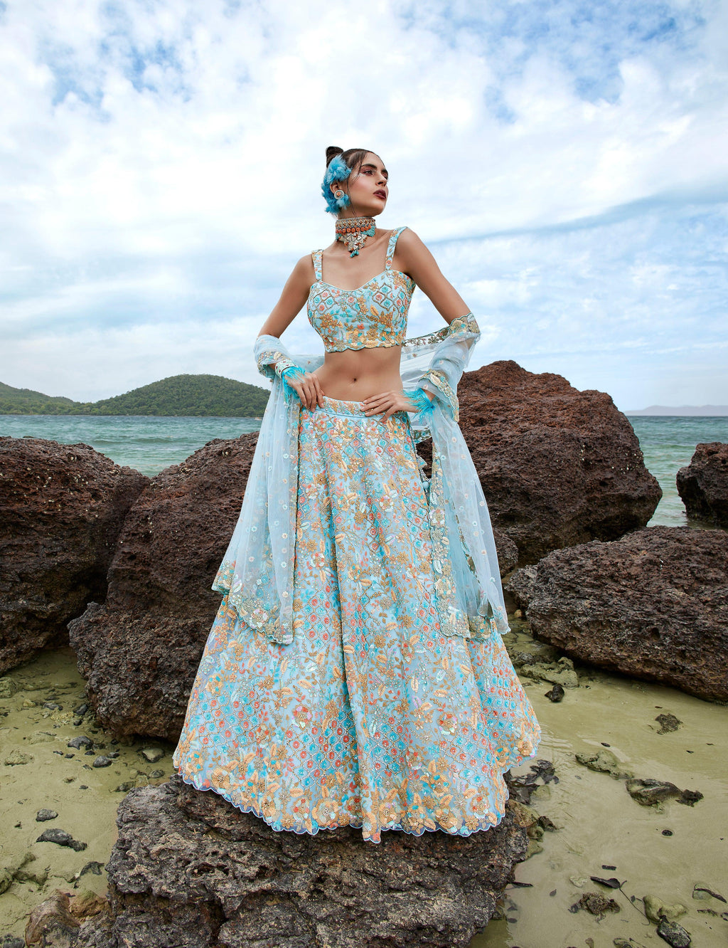 House of Panchhi Turquoise Blue Net Multi Colour Sequins, Zarkans And Thread Embroidery Lehenga Choli & Dupatta | Grocsy