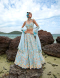 House of Panchhi Turquoise Blue Net Multi Colour Sequins, Zarkans And Thread Embroidery Lehenga Choli & Dupatta | Grocsy