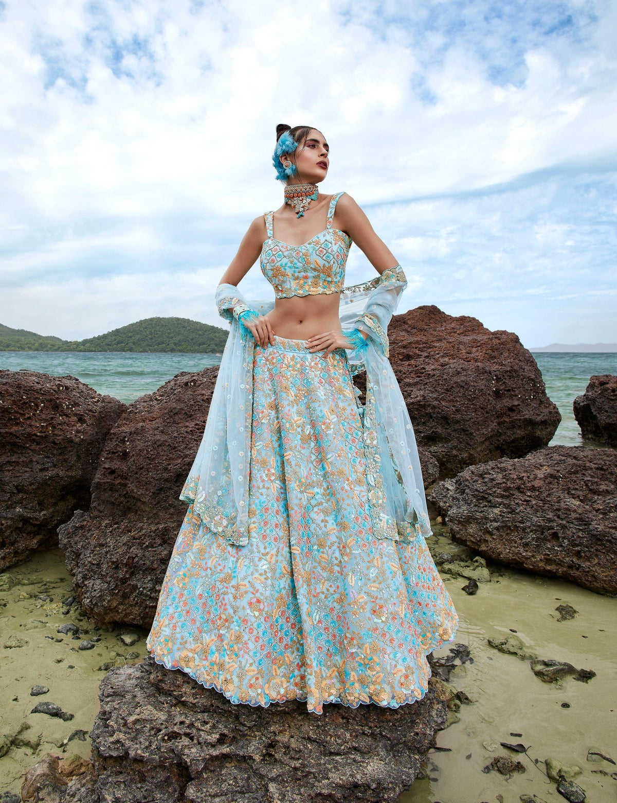 House of Panchhi Turquoise Blue Net Multi Colour Sequins, Zarkans And Thread Embroidery Lehenga Choli & Dupatta | Grocsy