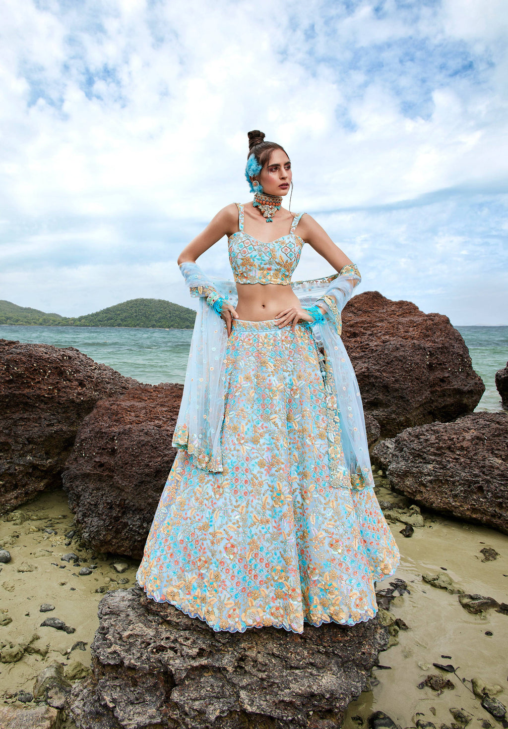 House of Panchhi Turquoise Blue Net Multi Colour Sequins, Zarkans And Thread Embroidery Lehenga Choli & Dupatta | Grocsy