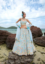 House of Panchhi Turquoise Blue Net Multi Colour Sequins, Zarkans And Thread Embroidery Lehenga Choli & Dupatta | Grocsy