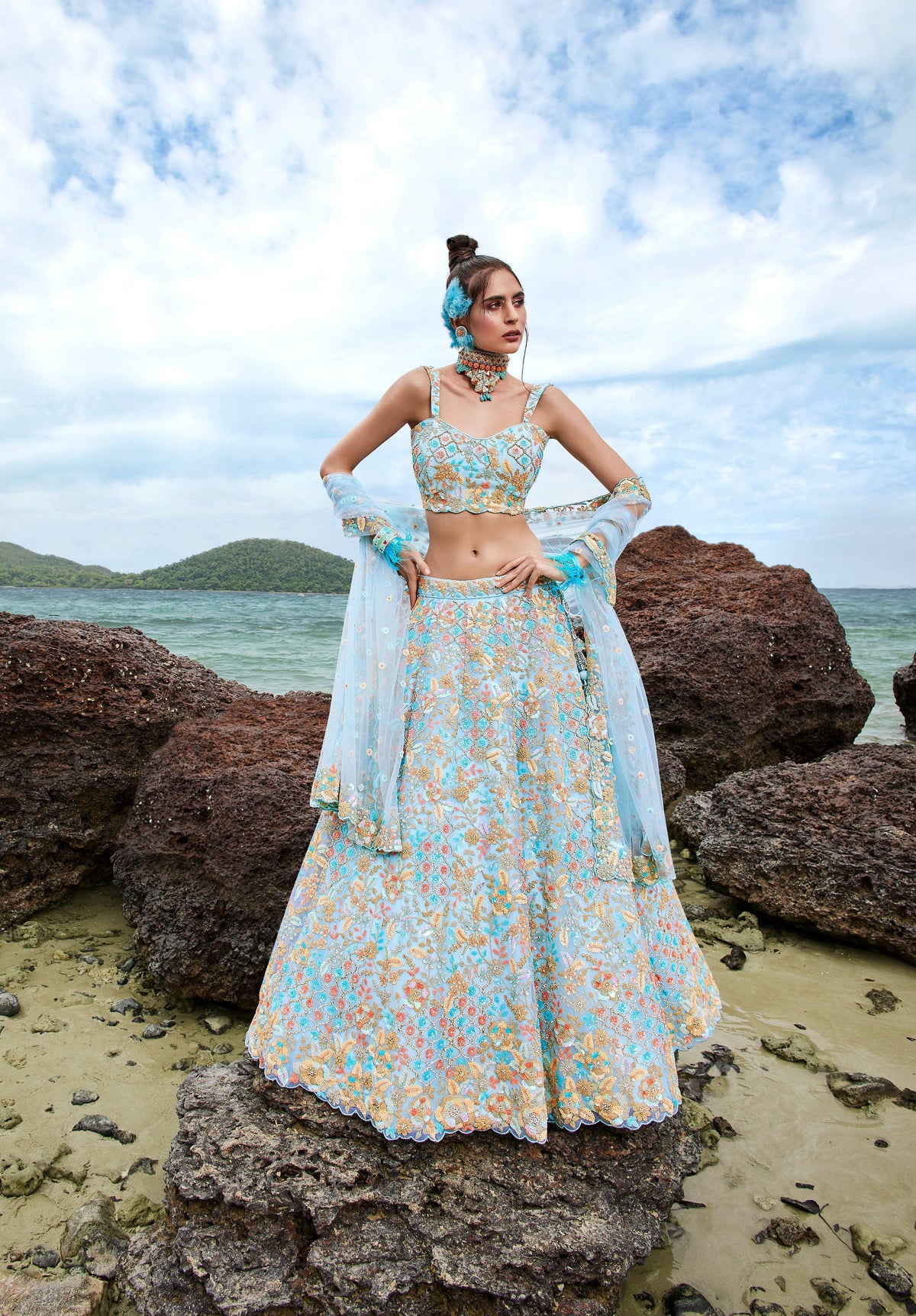 House of Panchhi Turquoise Blue Net Multi Colour Sequins, Zarkans And Thread Embroidery Lehenga Choli & Dupatta | Grocsy