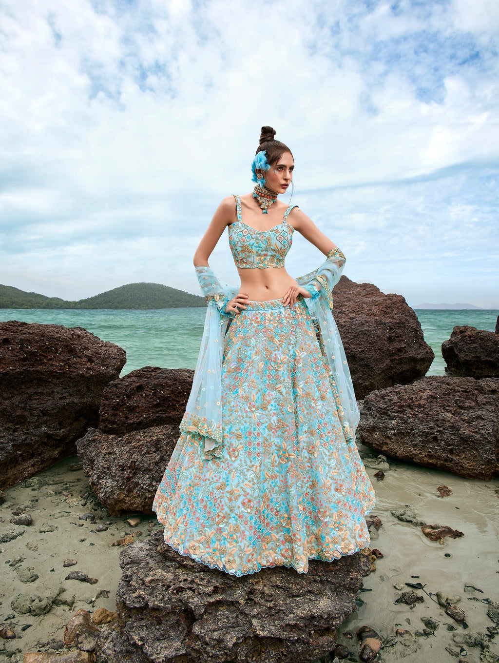 House of Panchhi Turquoise Blue Net Multi Colour Sequins, Zarkans And Thread Embroidery Lehenga Choli & Dupatta | Grocsy