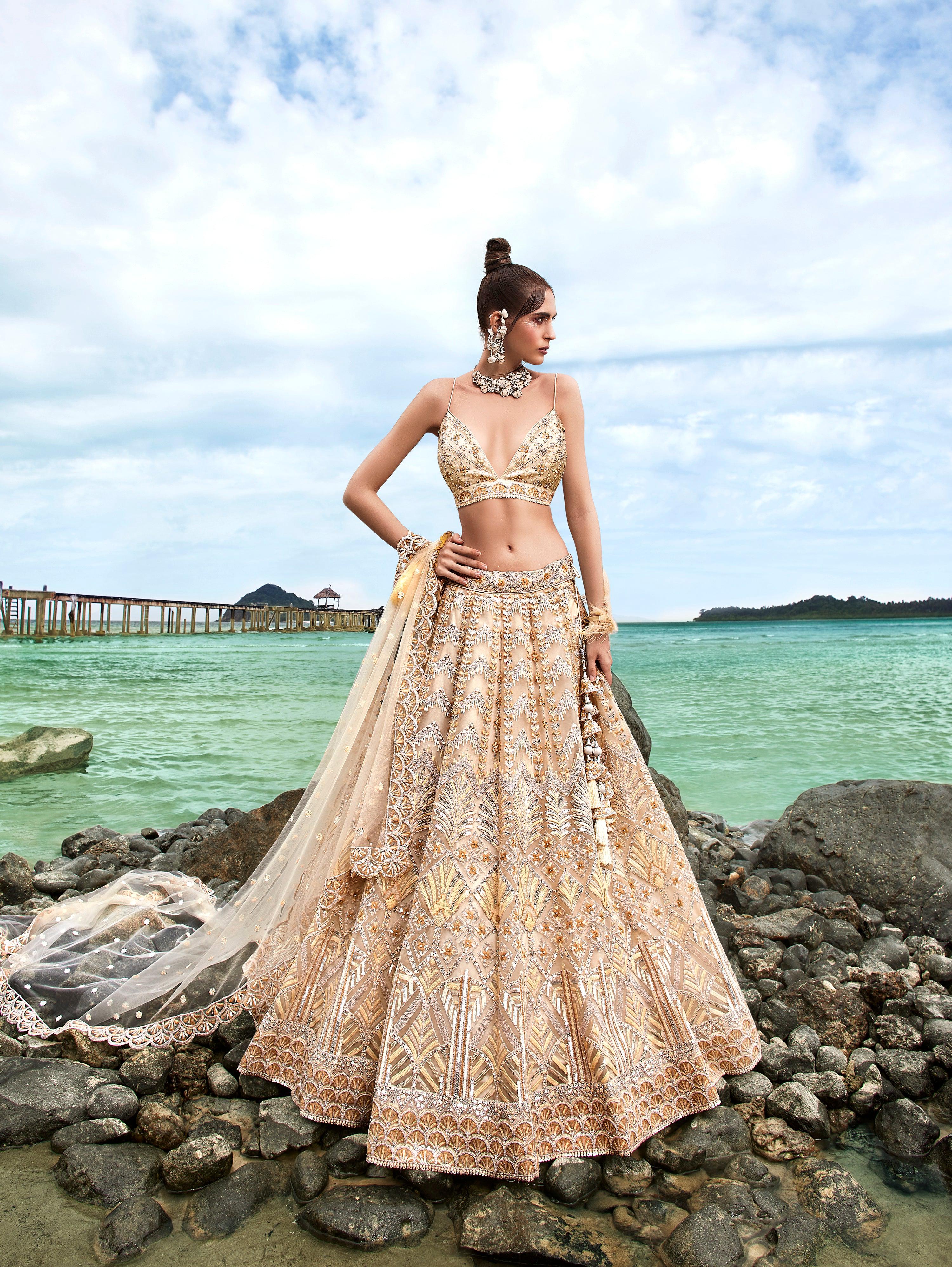 House of Panchhi Cream Net Sequins, Zarkan And Thread Embroidery Lehenga Choli & Dupatta | Grocsy