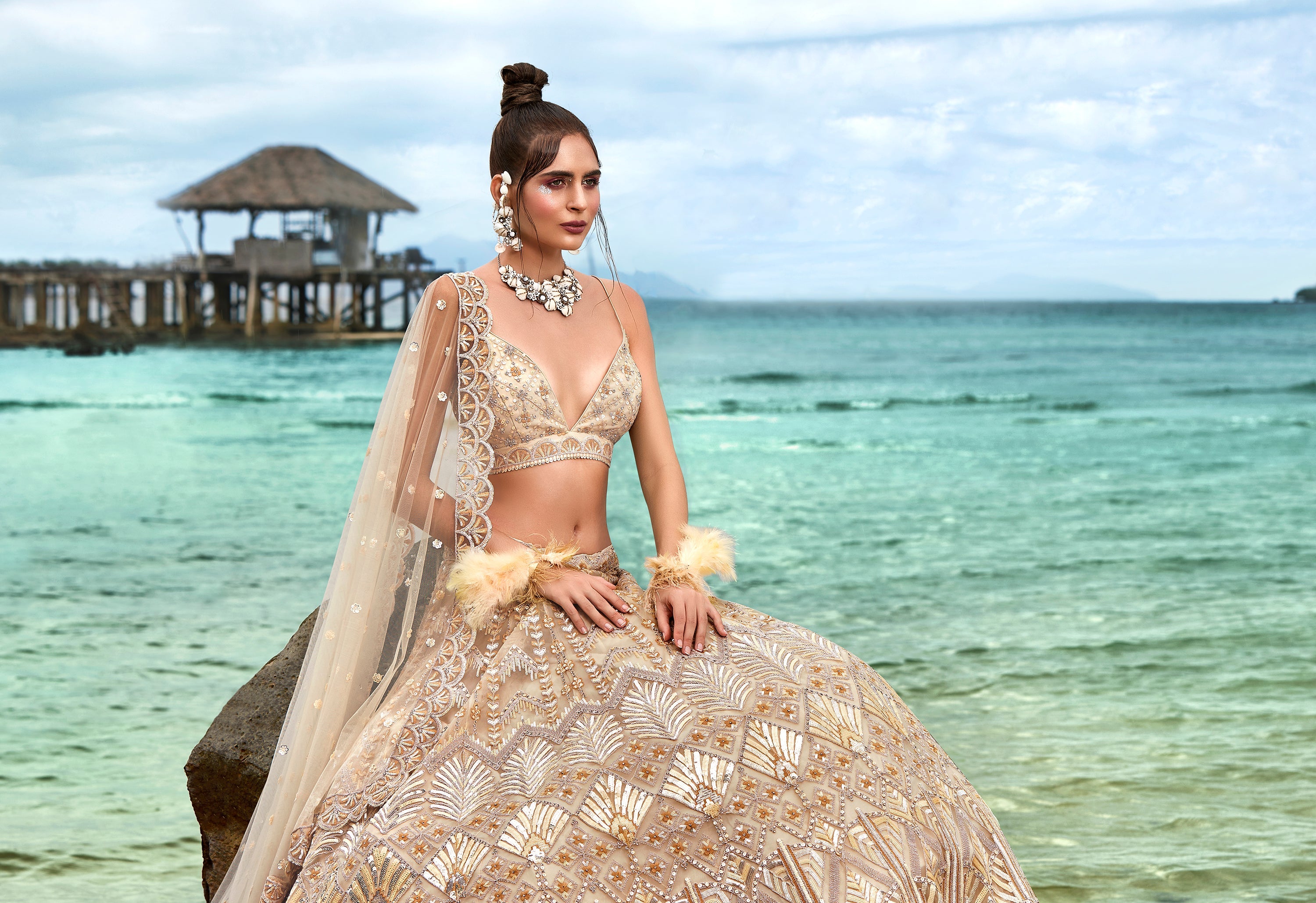 House of Panchhi Cream Net Sequins, Zarkan And Thread Embroidery Lehenga Choli & Dupatta | Grocsy