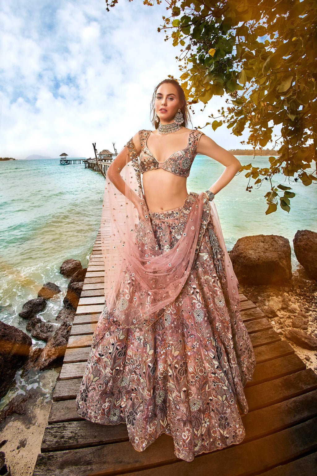House of Panchhi Peach Organza Sequins, Moti And Thread Embroidery Lehenga Choli & Dupatta | Grocsy