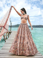 House of Panchhi Peach Organza Sequins, Moti And Thread Embroidery Lehenga Choli & Dupatta | Grocsy