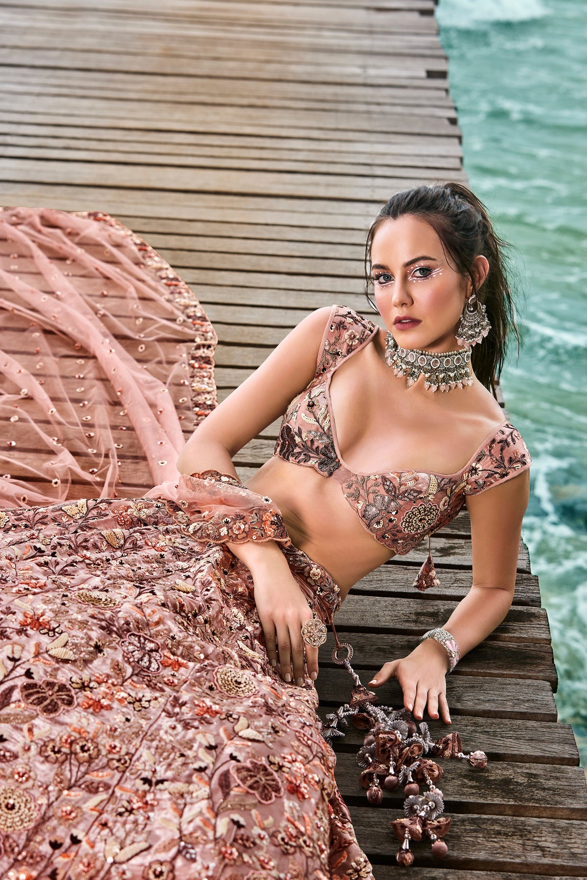 House of Panchhi Peach Organza Sequins, Moti And Thread Embroidery Lehenga Choli & Dupatta | Grocsy
