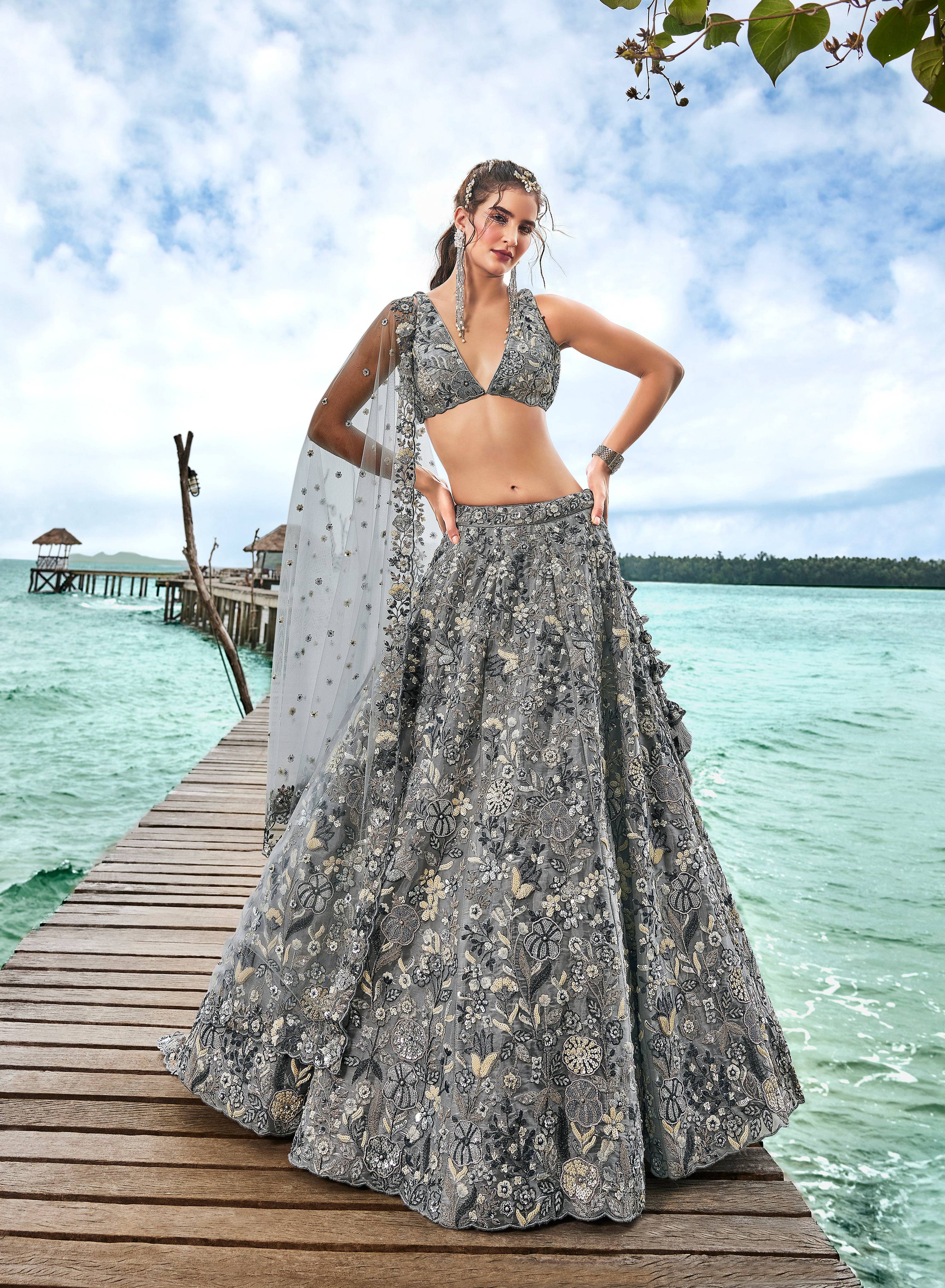 House of Panchhi Grey Organza Sequins, Moti And Thread Embroidery Lehenga Choli & Dupatta | Grocsy