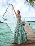 House of Panchhi Turquoise Blue Organza Sequins, Moti And Thread Embroidery Lehenga Choli & Dupatta | Grocsy