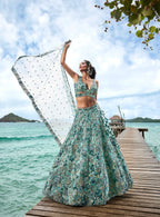House of Panchhi Turquoise Blue Organza Sequins, Moti And Thread Embroidery Lehenga Choli & Dupatta | Grocsy