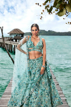 House of Panchhi Turquoise Blue Organza Sequins, Moti And Thread Embroidery Lehenga Choli & Dupatta | Grocsy