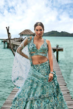 House of Panchhi Turquoise Blue Organza Sequins, Moti And Thread Embroidery Lehenga Choli & Dupatta | Grocsy