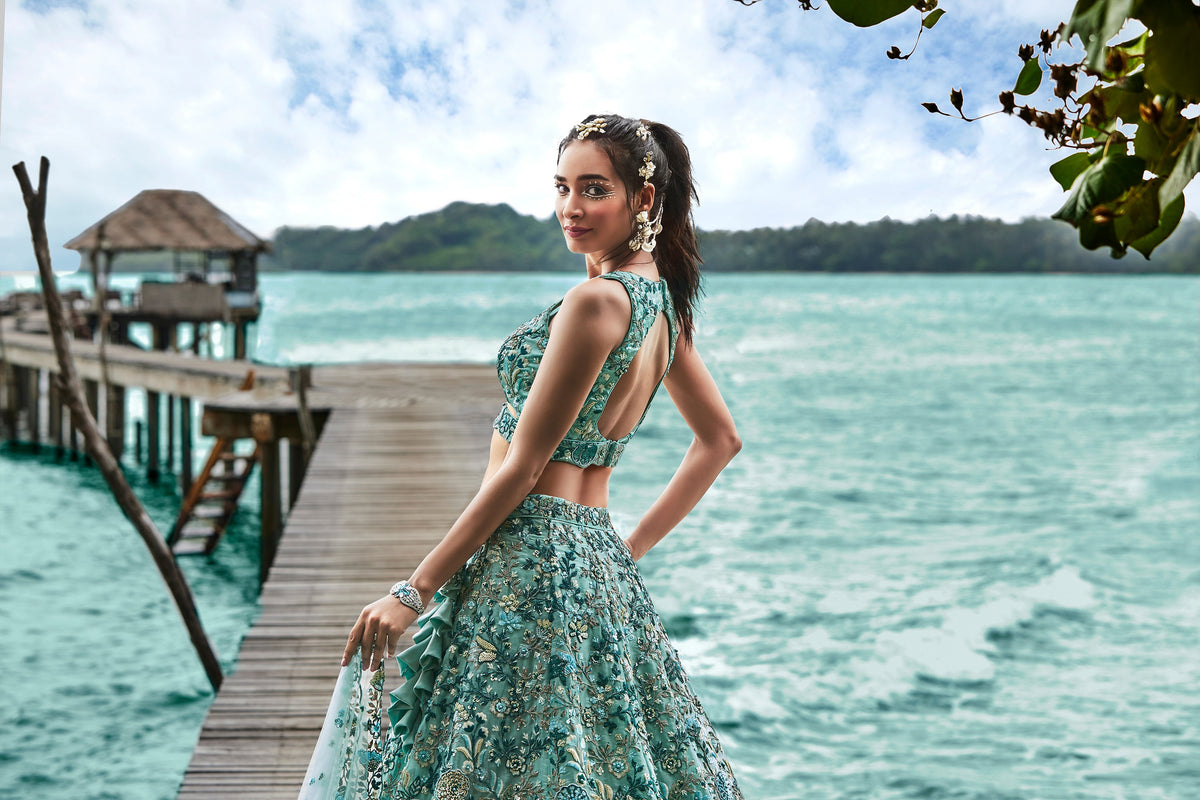 House of Panchhi Turquoise Blue Organza Sequins, Moti And Thread Embroidery Lehenga Choli & Dupatta | Grocsy