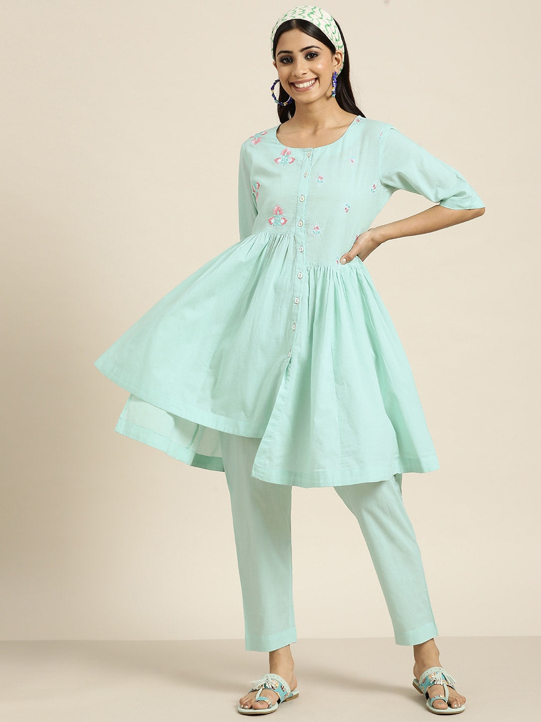Sangria Women Turquoise Blue Floral Embroidered Kurta with Palazzos | Grocsy
