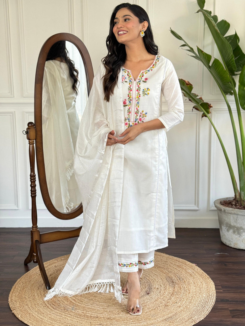 The52 Women's Viscose Thread work Straight Kurta with Pant and Dupatta Set | Grocsy