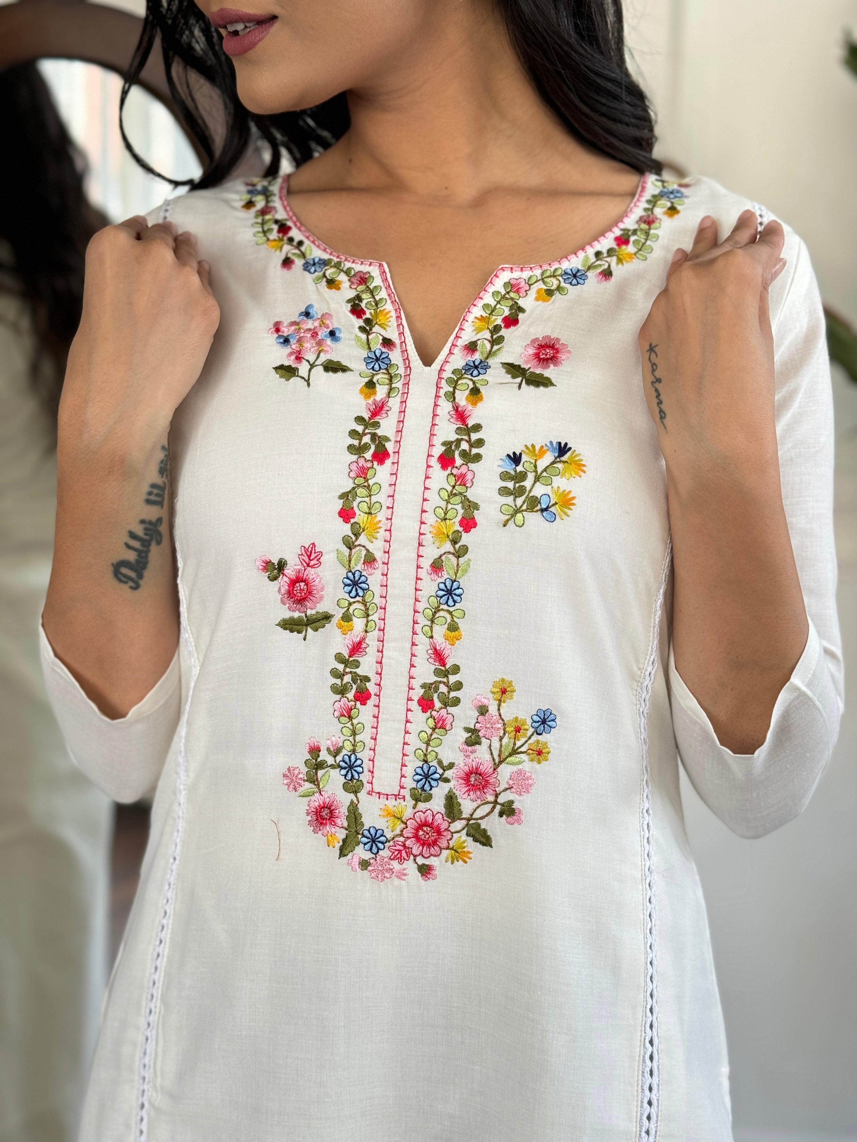 The52 Women's Viscose Thread work Straight Kurta with Pant and Dupatta Set | Grocsy