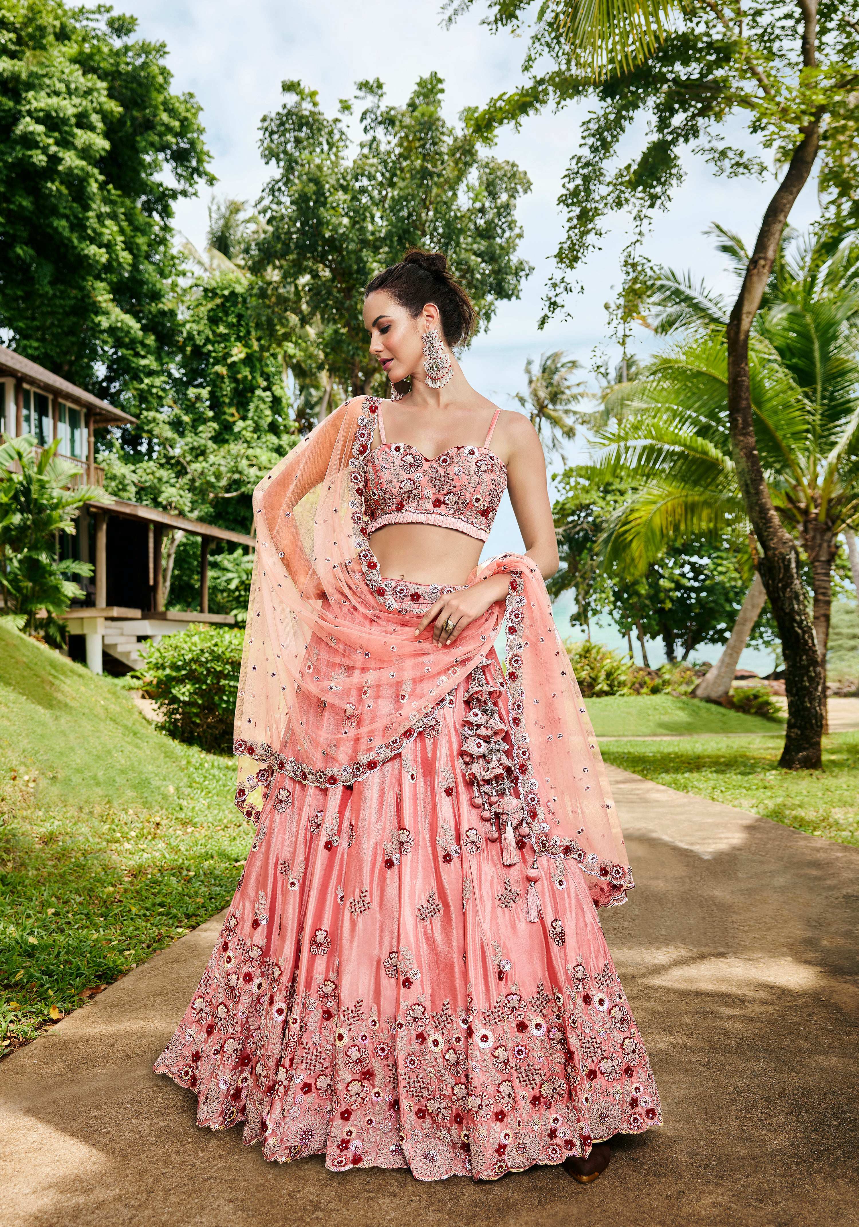 House of Panchhi Peach Pure Georgette Sequins, Zarkan And Thread Embroidery Lehenga Choli & Dupatta | Grocsy