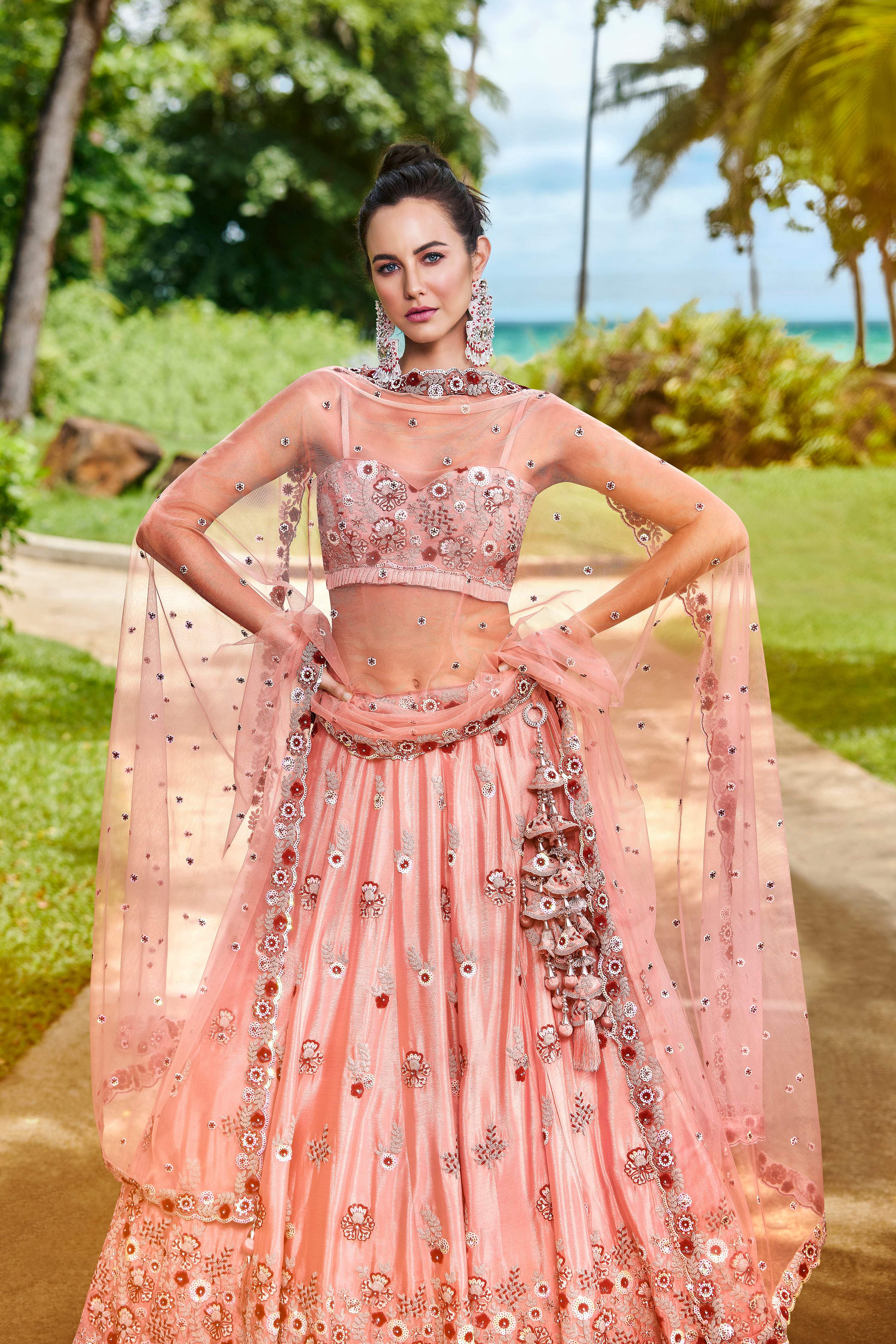 House of Panchhi Peach Pure Georgette Sequins, Zarkan And Thread Embroidery Lehenga Choli & Dupatta | Grocsy