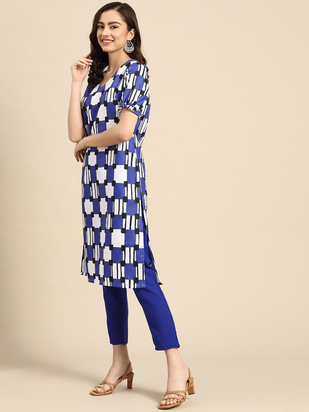 Sangria Women Navy Blue & White Printed A-Line Kurta with Trousers | Grocsy