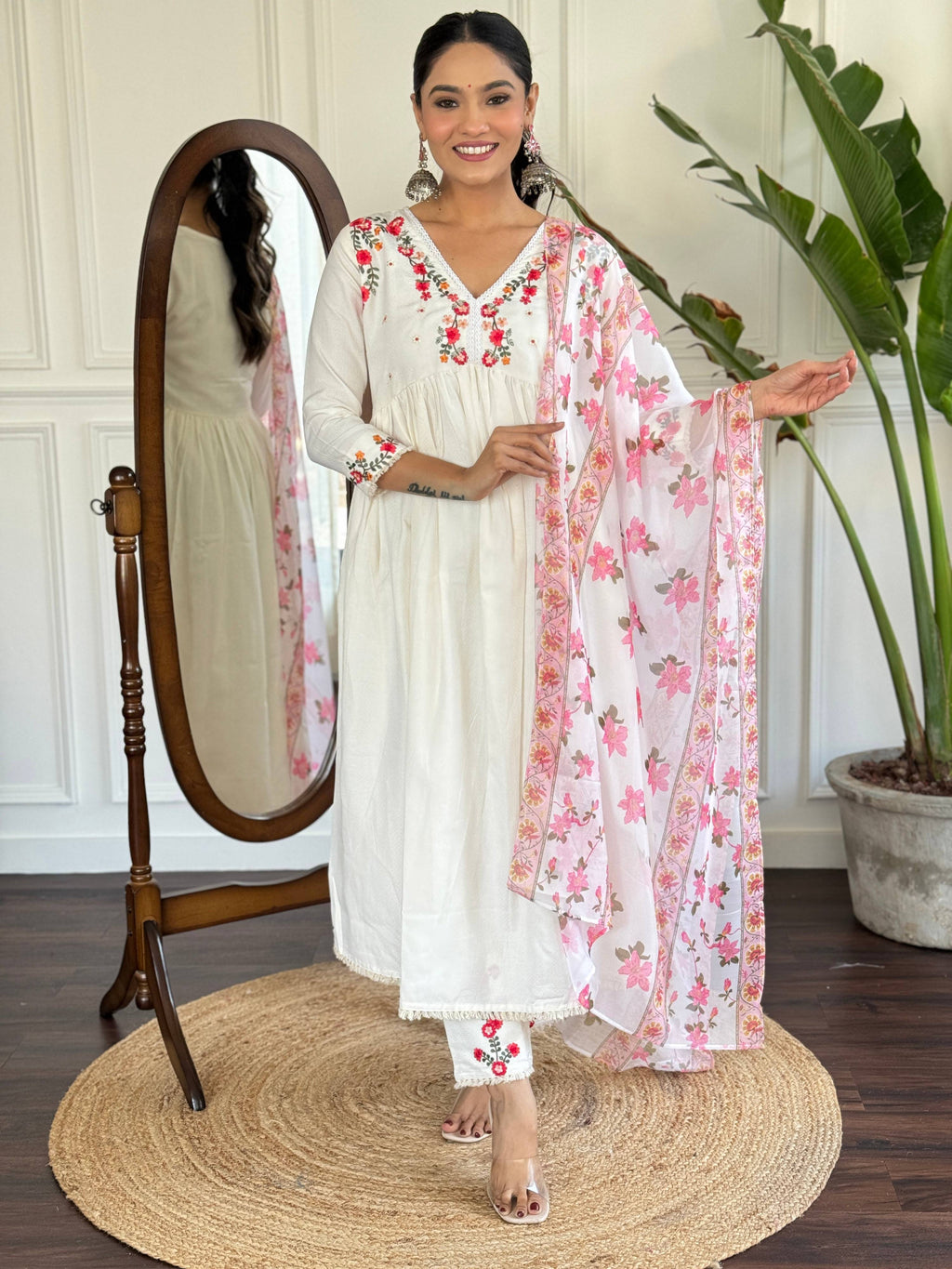 The52 Women's Off White Viscose Rayon Embroidered Flared Kurta, Pant and Dupatta Set | Grocsy