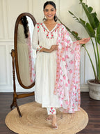The52 Women's Off White Viscose Rayon Embroidered Flared Kurta, Pant and Dupatta Set | Grocsy