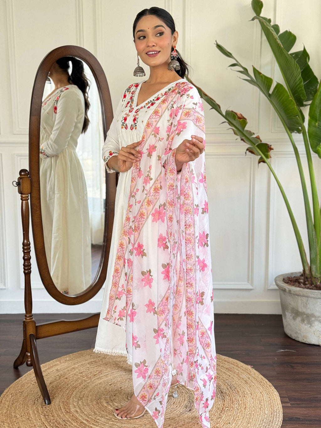 The52 Women's Off White Viscose Rayon Embroidered Flared Kurta, Pant and Dupatta Set | Grocsy