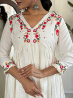 The52 Women's Off White Viscose Rayon Embroidered Flared Kurta, Pant and Dupatta Set | Grocsy